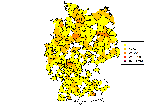 Verbreitung der Usutu-Verdachtsfälle in Deutschland 2019 - Grafik: Bernhard-Nocht-Institut für Tropenmedizin (BNI)/Renke Lühken