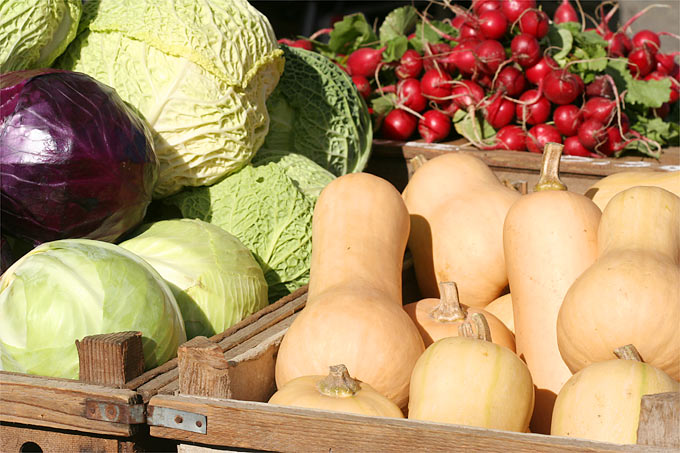 Marktstand mit Kohl, Wirsing, Flaschenkürbissen und Radieschen - Foto: Helge May