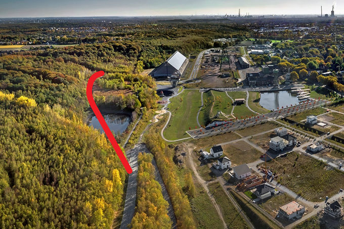 Luftbild der Halde Lohberg mit dem geplanten Verlauf der neuen Zufahrt - Foto RAG MI/Thomas Stachelhaus